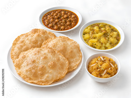 Pakistani Halwa Puri Breakfast with Chana and Aloo Tarkari