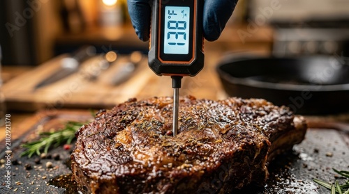 Chef using a thermometer checking meat temperature on a juicy steak in a cozy kitchen  
