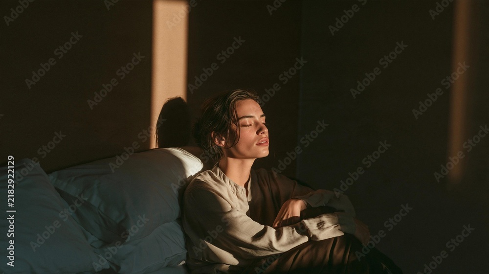 Fototapeta premium Young woman sitting on a bed with her head resting on a pillow. she is wearing a white blouse and has her eyes closed, as if she is deep in thought.