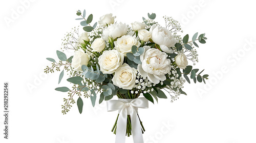 Elegant bridal bouquet of white roses and peonies with eucalyptus leaves isolated on transparent background