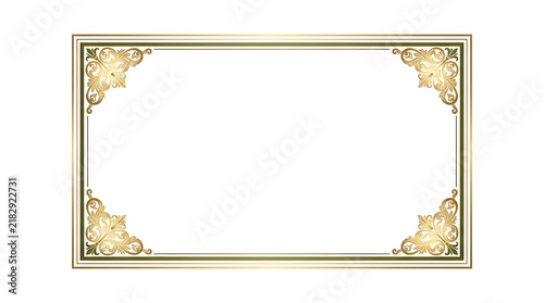 Elegant rectangular golden frame with ornate decorative corners for luxury invitations isolated on transparent background