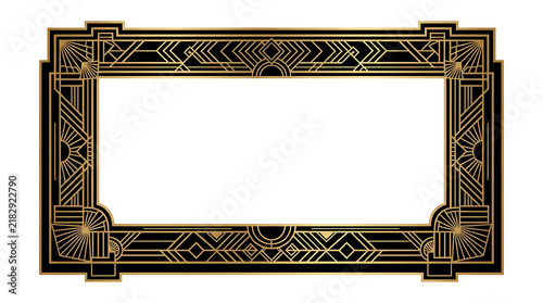 Elegant golden art deco rectangular frame with geometric patterns and vintage style isolated on transparent background