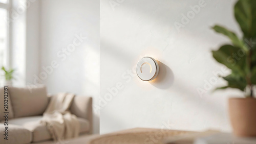 Modern Smart Home Control Device on Wall in Minimalist Living Room Interior