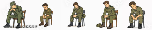 Bild auf Leinwand A set of vector illustrations featuring a male soldier sitting with his head bowed in dejection, deep in thought about his problems