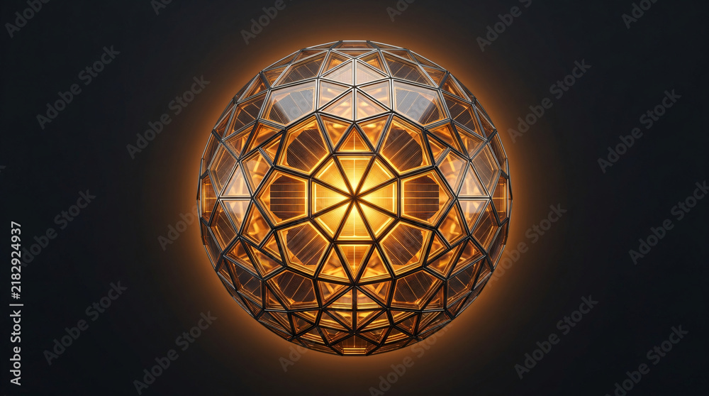 Obraz premium futuristic dyson sphere energy core 3d render | glowing geometric glass sphere on black background | intricate gold technology concept | sci-fi fusion reactor core