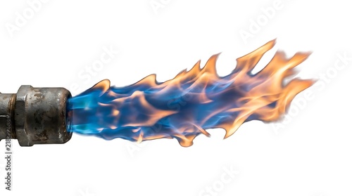 A powerful industrial blowtorch nozzle emitting a bright blue and orange flame isolated on a white background