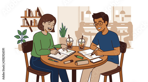 Young woman and man studying together at a cafe table illustration. EPS Editable