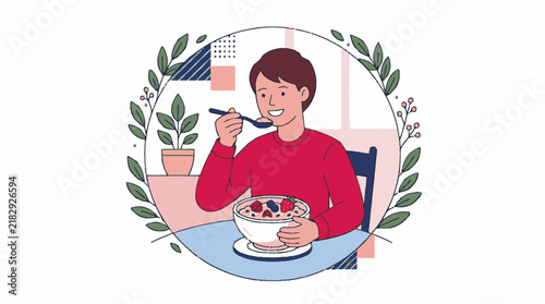 Young man eating healthy cereal bowl for breakfast at home table illustration. EPS Editable