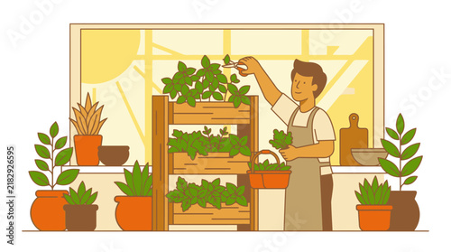 Young man trimming indoor potted plants and herbs in sunny greenhouse vector illustration. EPS Editable