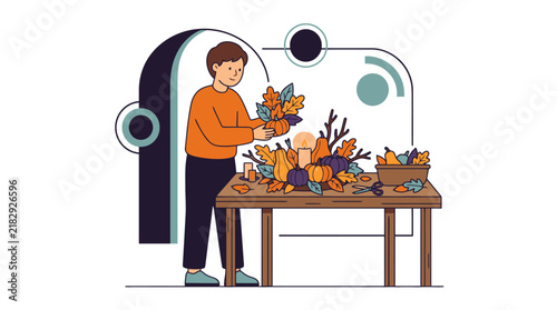 Young person arranging colorful autumn leaves and thanksgiving decorations on wooden table. EPS Editable