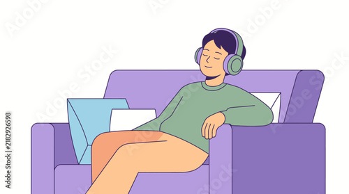 Young person relaxing on sofa wearing headphones listening to music illustration. EPS Editable