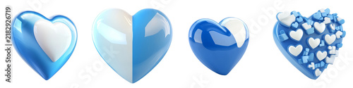 Blue and White Heart Forms, Abstract Love Concepts, Isolated on Transparent Background, Digital Art, 3D Render, Hearts, Love, Digital Art