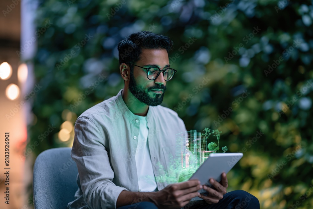 Fototapeta premium Man using a tablet with holographic data projection in a green tech environment for ui mockup background and innovation banner