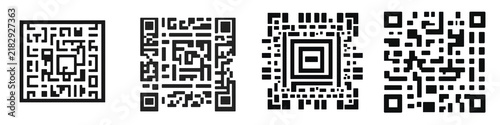Four abstract maze-like QR codes, black on transparent, isolated, conceptual design, digital art, matrix, pattern, grid Code, Abstract, Black