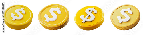 Golden Dollar Coins, 3D Render, Isolated on Transparent Background, Wealth, Finance, Money, Currency, Investment