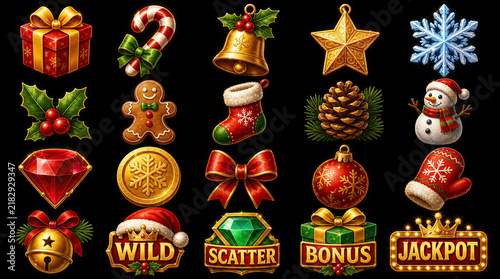Set of festive Christmas icons for slot games isolated on black. Includes gifts, bells, ornaments, gingerbread man, snowman, and bonus symbols for UI design.