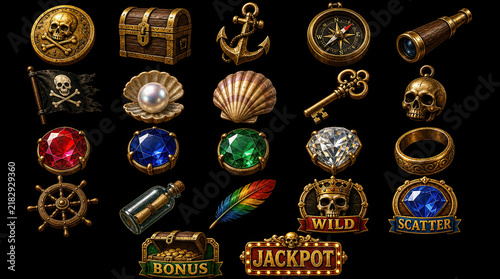Collection of pirate themed icons for slot games including treasure chests, coins, skulls, gems, anchors, and navigation equipment on a black background.