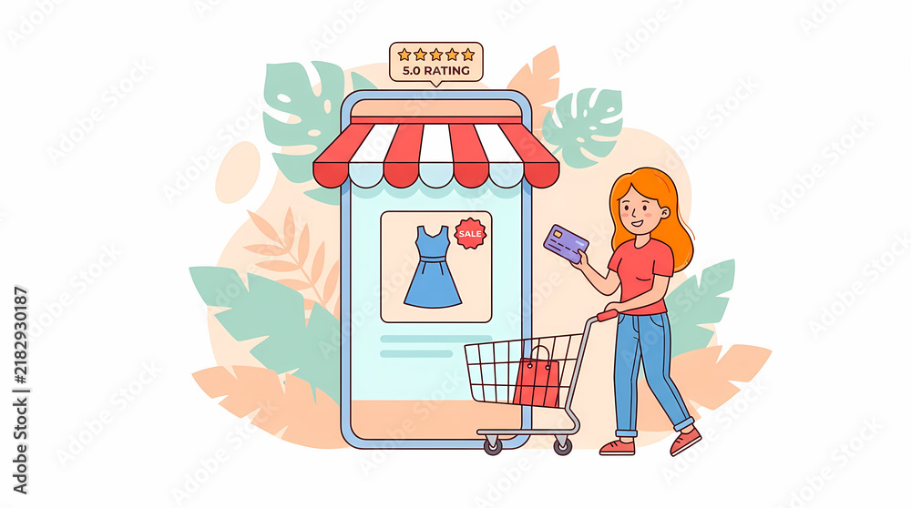 Naklejka premium Woman shopping for clothes on a mobile phone app isolated on white background