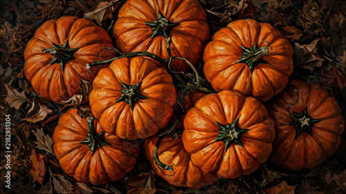 Illustrated orange pumpkins against a dark leafy background