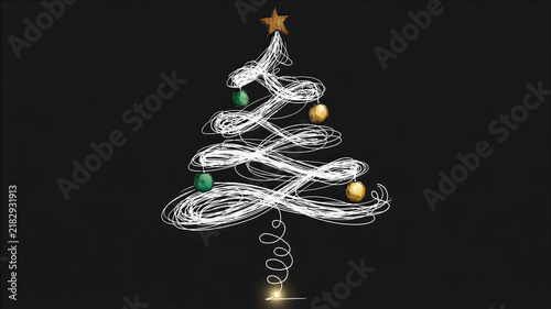 White sketch style Christmas tree on a black background