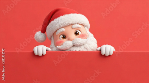 Cute Santa peeking over a blank red banner