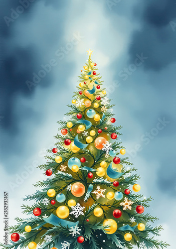 Colorful festive Christmas tree illustration with decorative details. A joyful holiday graphic suitable for cards, posters and invitations.