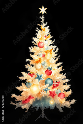 Colorful festive Christmas tree with decorative details. A joyful holiday graphic suitable for cards, posters and invitations.