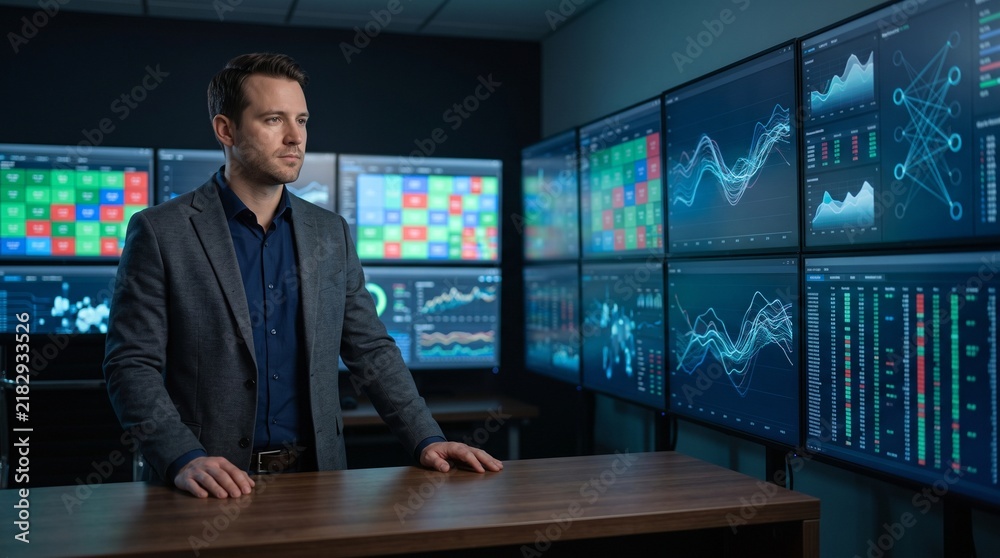 Fototapeta premium Financial analyst beside automated AI market monitoring screens, algorithmic workflow concept, artificial intelligence changing finance jobs and trading operations