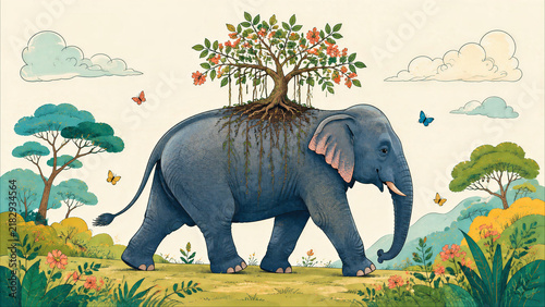 Elephant carrying a flowering tree in a whimsical illustration