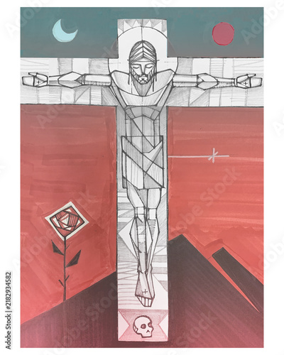 Cuadro en lienzo Crucified Jesus on red geometric landscape