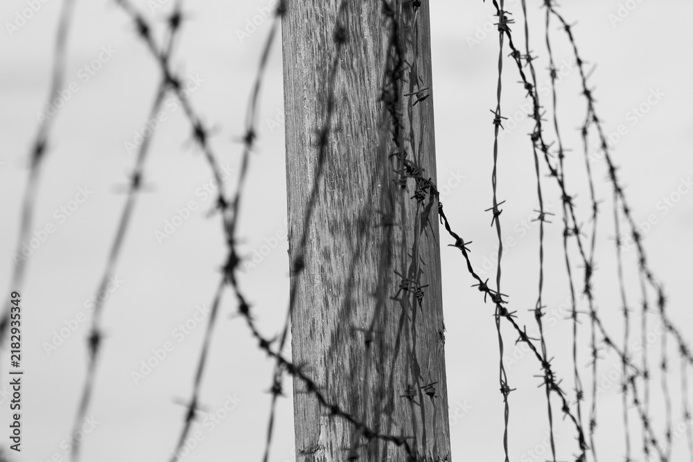Obraz premium Vojna memorial location in Pribram, Czech Republic during day with barbed wire