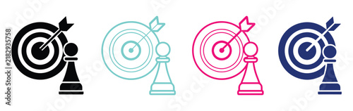 Foto Target Achieved: A striking visual representation of a chess pawn positioned before a target with an arrow, symbolizing strategic goal-setting and successful execution