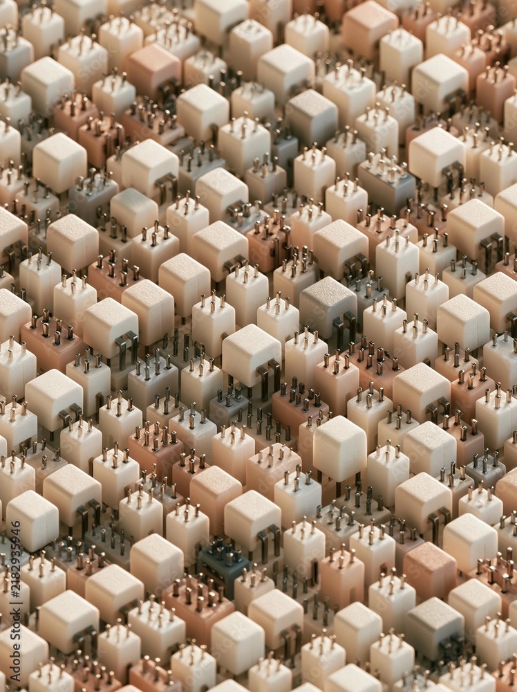 Fototapeta premium Close-up of a large number of small cubes arranged in a grid-like pattern. the cubes are of different sizes and colors, including beige, brown, and black.