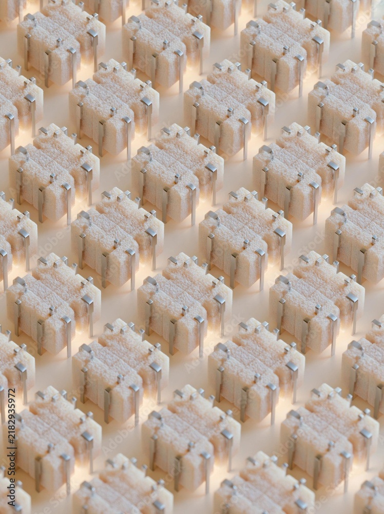 Fototapeta premium Large number of small square-shaped objects arranged in a grid-like pattern on a beige background.