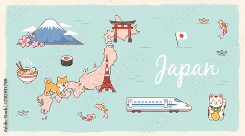 Colorful illustrated map of japan featuring iconic landmarks food and cultural symbols japanese culture travel japan