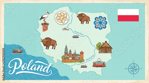 Poland illustrated map featuring famous national symbols and landmarks polish culture european travel map design polish herita