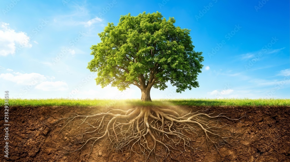 Obraz premium Deeply rooted tree in a landscape representing the concept of a strong foundation of thought.
