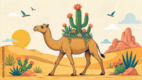Camel carrying flowering cactus in a desert illustration