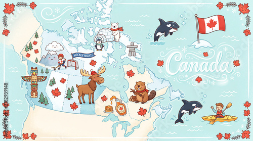 Stylized map of canada with national emblems and wildlife illustrations maple leaf totem pole north america wildlife art