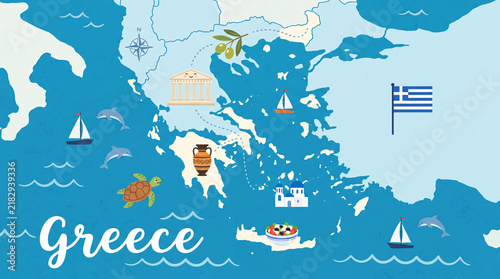 Illustrated travel map of greece with cultural symbols and landmarks illustration landmark vacation creative destination