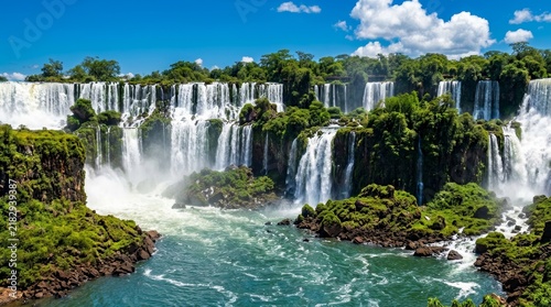 Wide shot of the magnificent Iguazu Waterfalls cascading over rocky cliffs