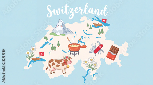 Illustrated map of switzerland with traditional alpine symbols switzerland illustration mountains chocolate tradition