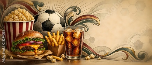 Sports football snacks with burger popcorn fries and iced drink in an ornate Art Nouveau frame