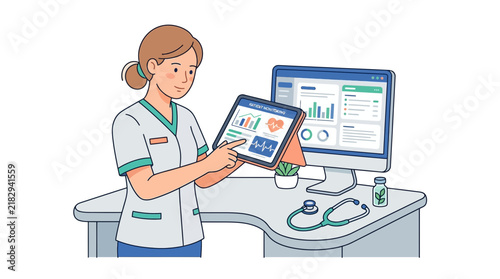 Nurse analyzing medical data on tablet and computer, isolated