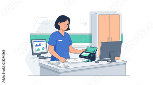 Nurse at Desk with Scanner, Computer, and Charts - Healthcare Office