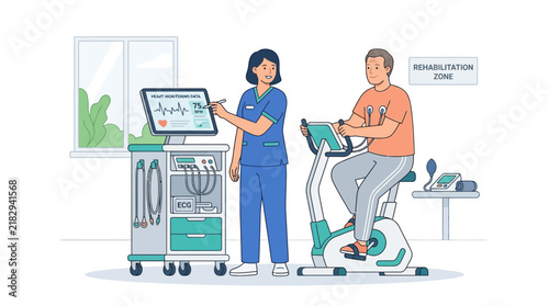 Nurse assisting patient on exercise bike in rehabilitation zone with medical equipment