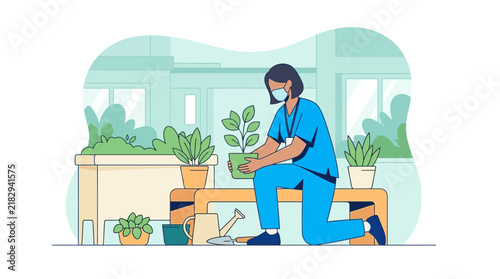 Nurse caring for plants, illustration with transparent background