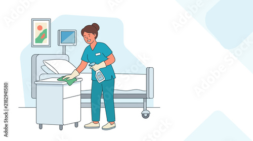 Nurse cleaning hospital bedside table, medical hygiene concept