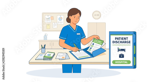 Nurse documenting patient discharge in hospital setting