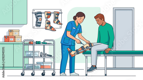 Nurse fitting leg brace on patient in physiotherapy clinic